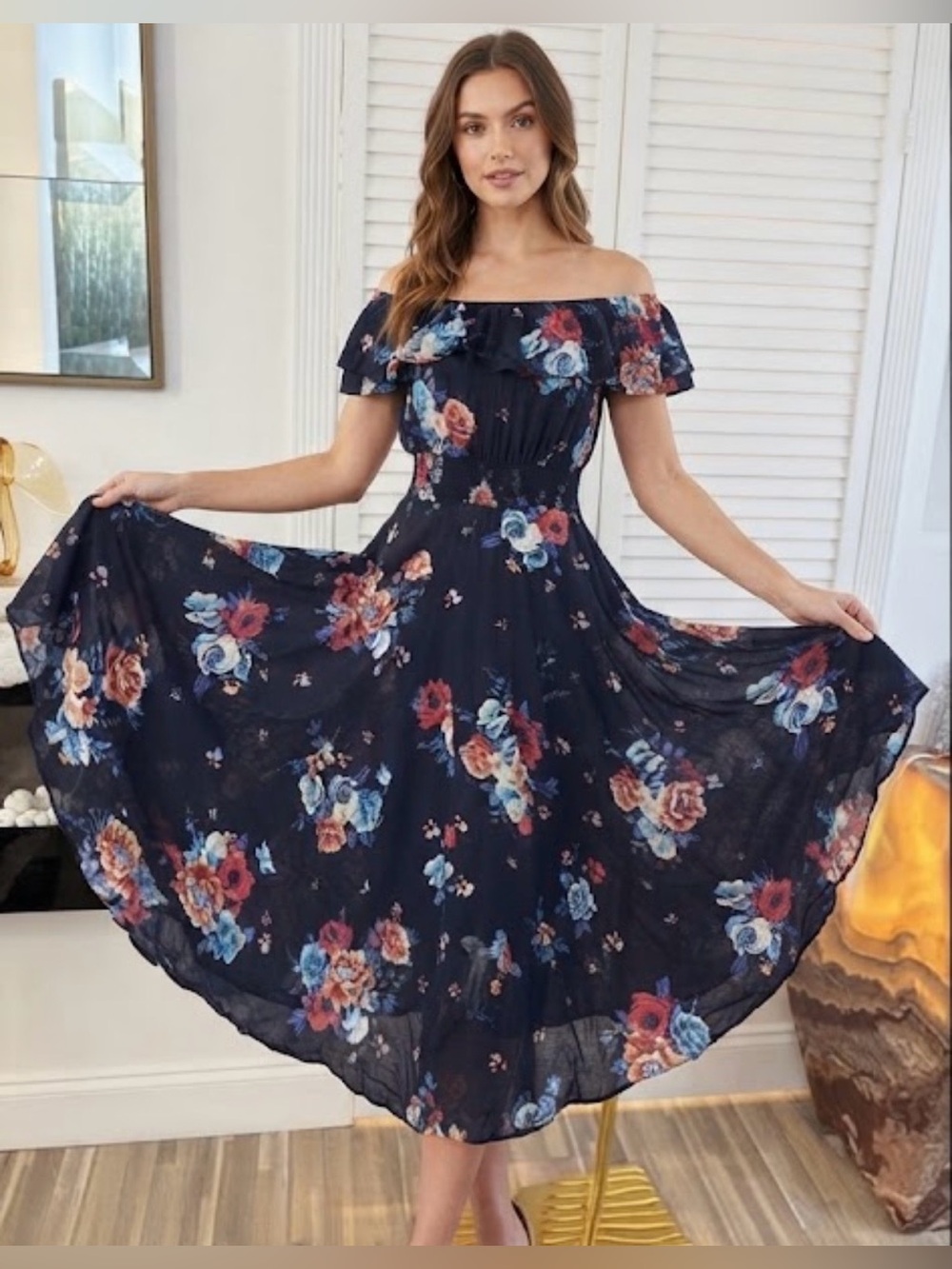 Chelsea & Theodore Navy Floral Off-Shoulder Midi Dress, S